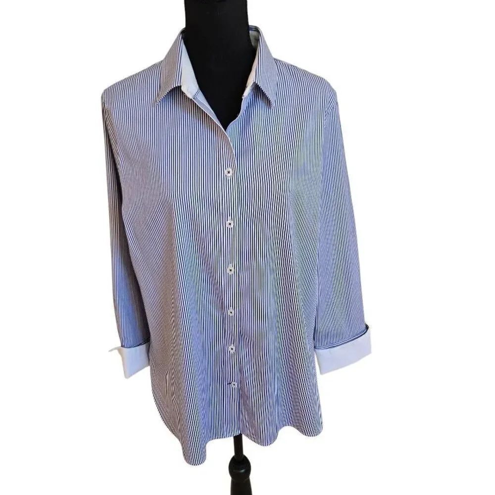Chicos No Iron Womens Blue White Striped Long Sleeve Button Down Shirt Large